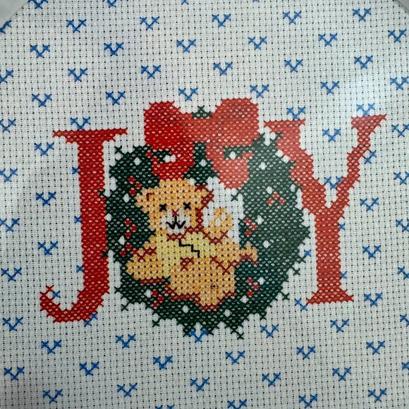 Vtg Round Metal Tin Tray Joy Printed Cross Stitch Design Teddy Bear SNP Chicago - Picture 4 of 13